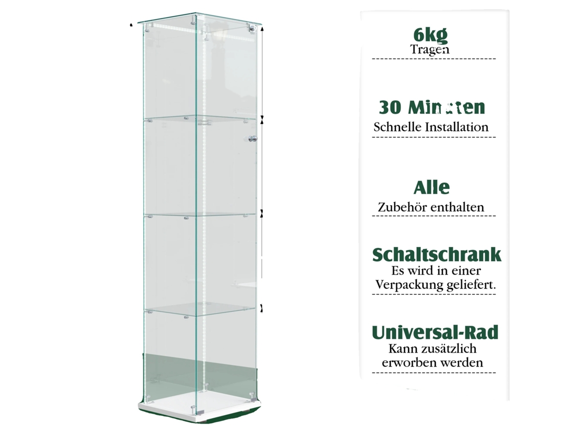 Vitrina de cristal con iluminación LED, diseño que ahorra espacio, cuatro estantes blancos y tira de luz.