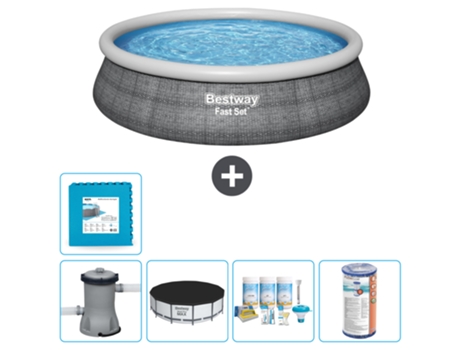 Piscina hinchable redonda Fast Set BESTWAY - Estampado ratán - 457 x 84 cm - Bomba incluida Cubrir - Paquete de mantenimiento - Filtrar - Baldosas