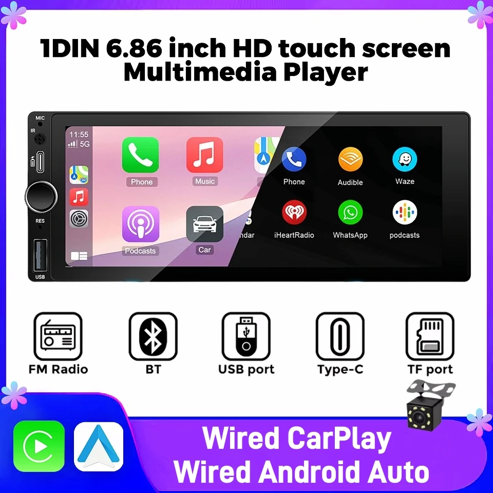 Autorradio 1 Din IPS de 6,9 pulgadas, reproductor CarPlay Android Auto con cable, pantalla táctil MP5 8LED, estéreo universal para coche.