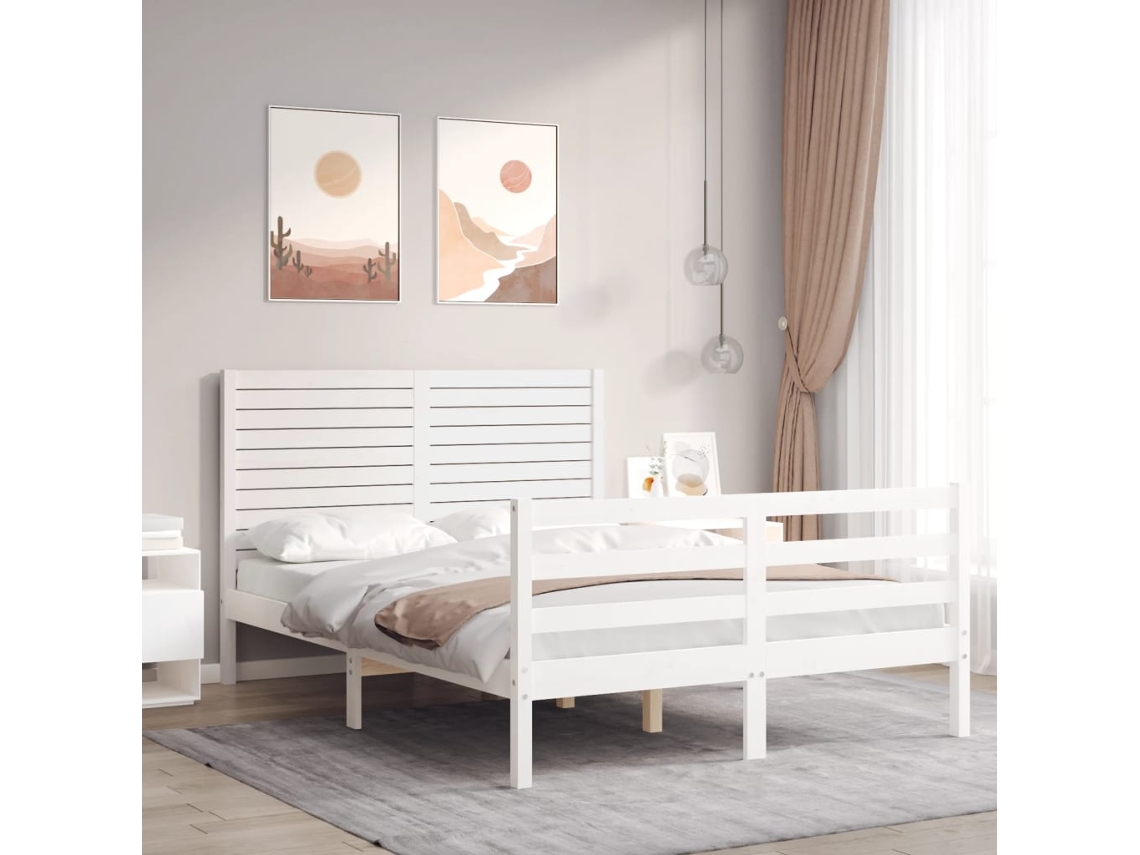 Cama De Matrimonio | Cama Para Adultos | Estructura De Cama Con Cabecero Madera Maciza Blanco 140x190 Cm