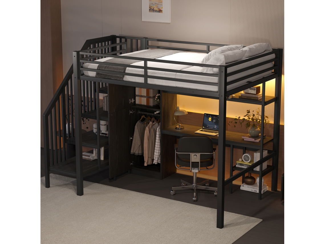 Cama alta de metal de 140 x 200 cm con escritorio, estantería, armario y escalera de almacenaje, color negro.