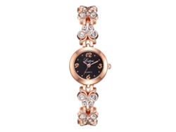 Reloj De Mujer Con Brazalete De Aleación Y Diamantes De Imitación, Esfera Redonda, Reloj Analógico De Cuarzo Color Oro Rosa, Negro.