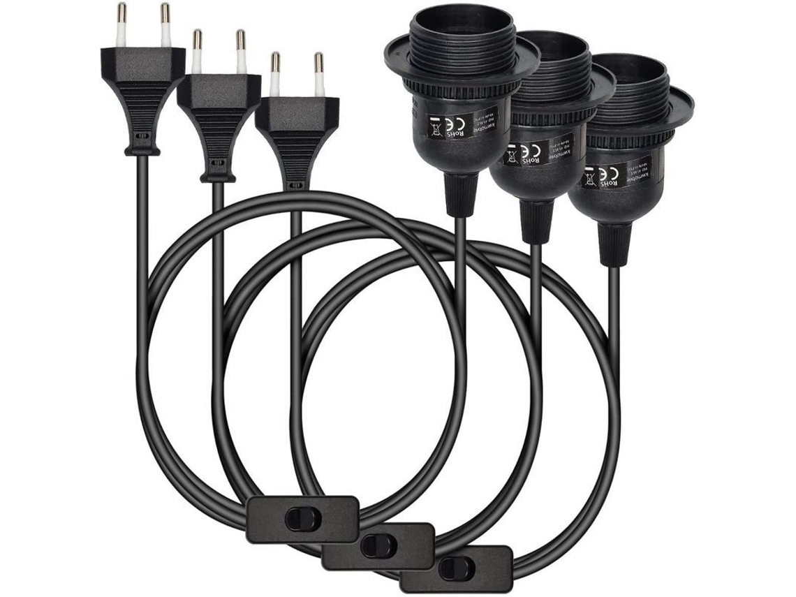 Lámpara Colgante E27 Con Portalámparas Y Cable De 3,5 M, Estructura Negra, Anillo Roscado E Interruptor.