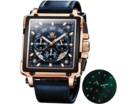 VEANXIN Reloj luminoso impermeable con cronógrafo de cuero cuadrado a la moda para hombre(Cuero Azul)
