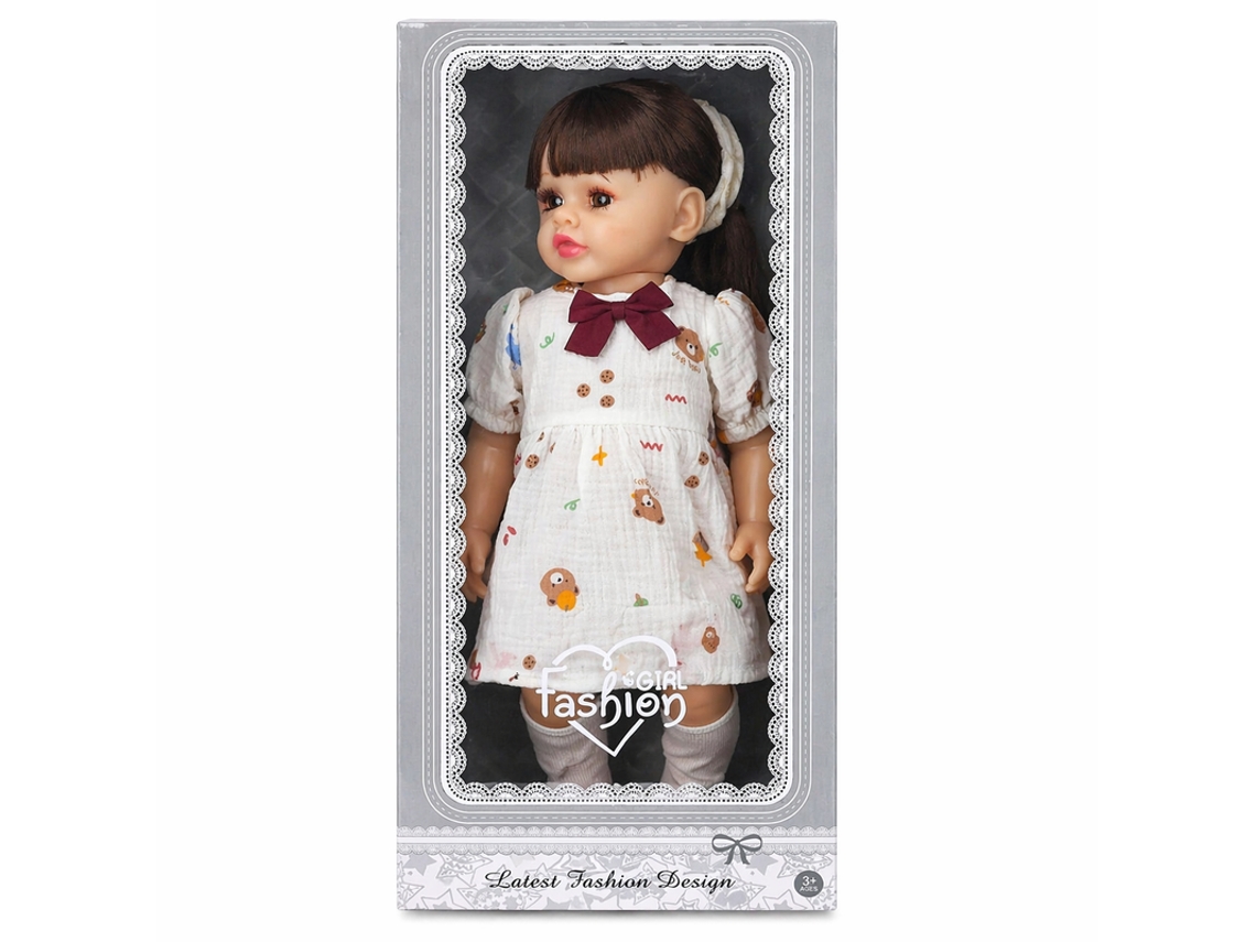 Boneca Em Pé Fashion Girl - Vestido Branco Com Desenhos Bk Tx065001 Multicores
