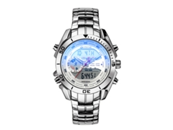 Reloj De Negocios Para Hombre (plateado Y Blanco), Doble Pantalla, Electrónico E Impermeable.