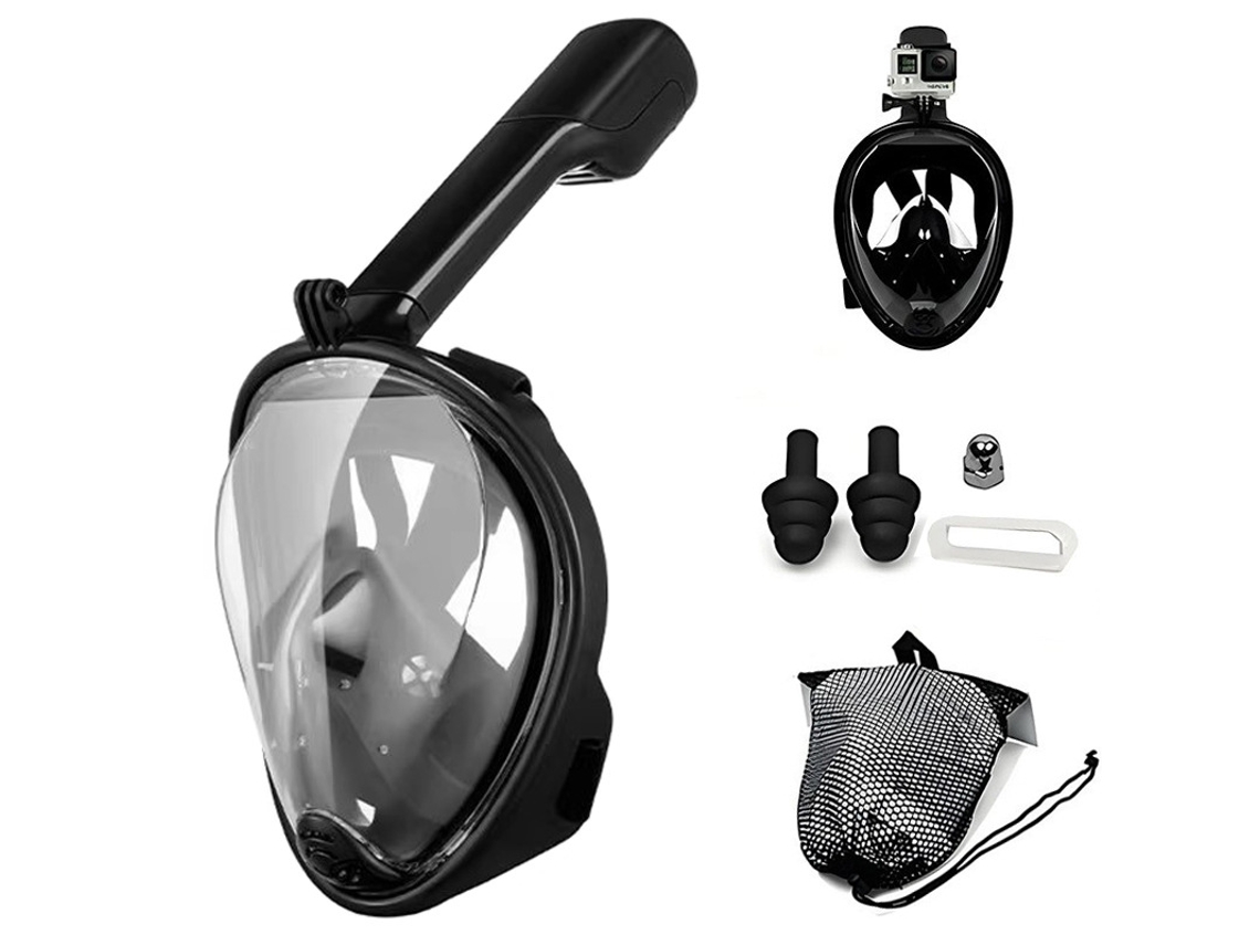 Máscara de buceo integral Hexinyigjly con soporte para cámara extraíble – Apta para niños - Negra