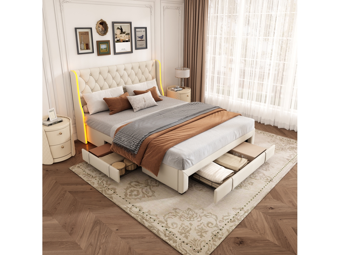 Cama Tapizada 160x200cm, Cama Doble Con Usb Y Led, Cama Juvenil Con 4 Cajones, Cama Funcional Con Somier, Franela, Sin Colchón