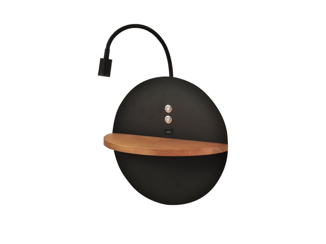 Aplique de pared doble con estante y luz LED de 15 W Fabas Luce Touch Dimmer, negro mate con USB integrado en madera