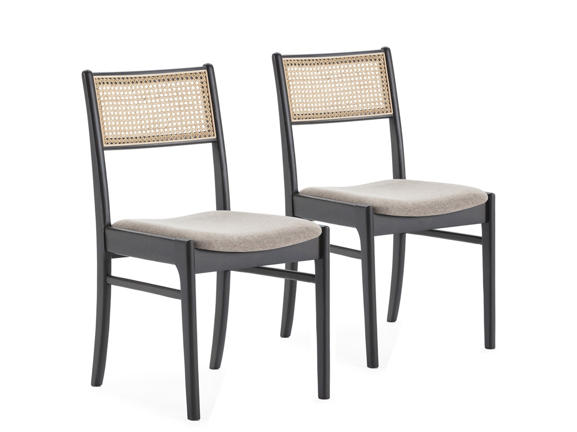 Conjunto de 2 Cadeiras Vilma Cor Preto Wash Madeira Sólida e Rattan Natural VS VENTA-STOCK 45 x 54 x 83