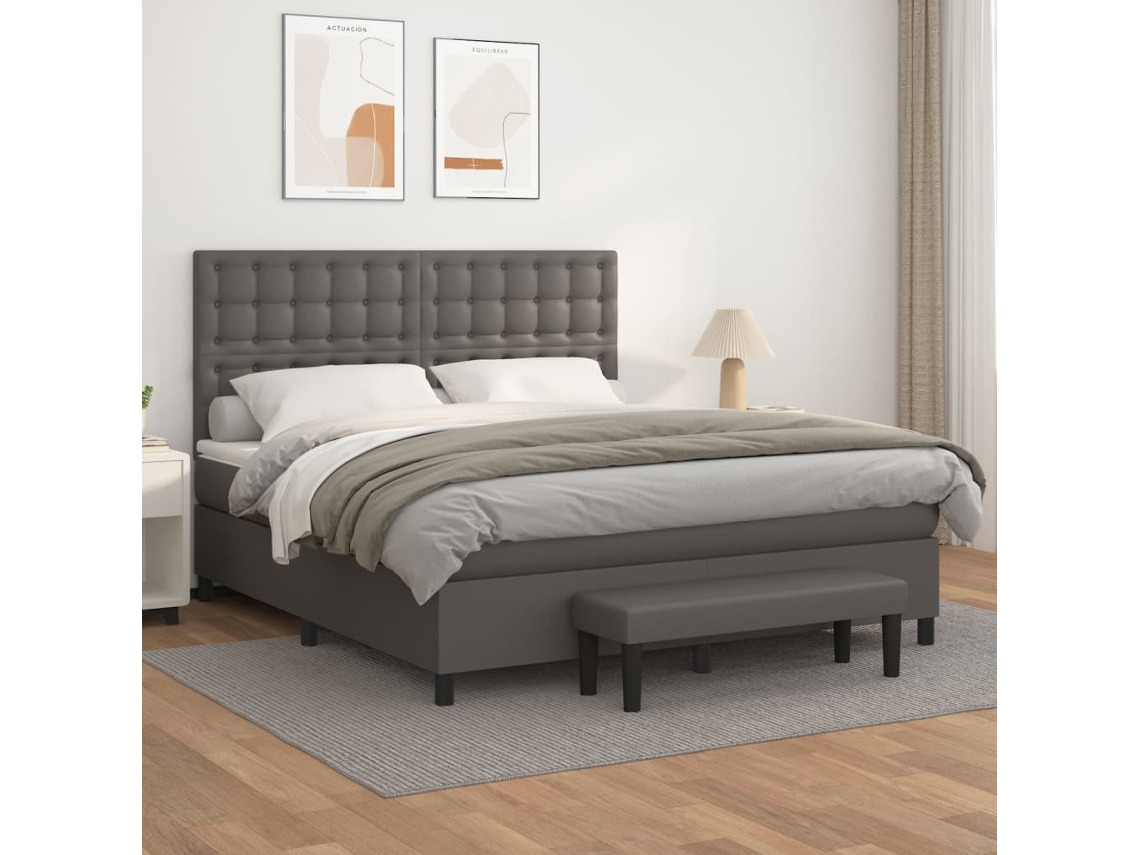 Cama Box Spring Con Colchón Cuero Sintético Gris 180x200 Cm