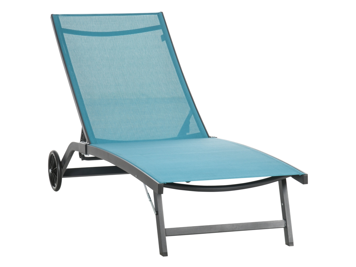 Tumbona, silla de playa con ruedas, respaldo regulable, tumbona de jardín fabricada en poliéster y aluminio.