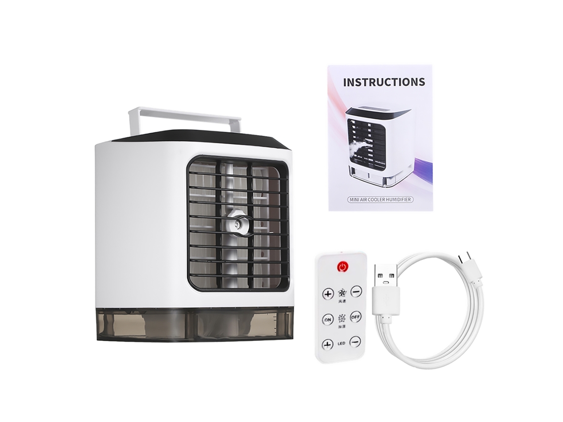 Mini enfriador portátil USB con aire acondicionado y luz LED.