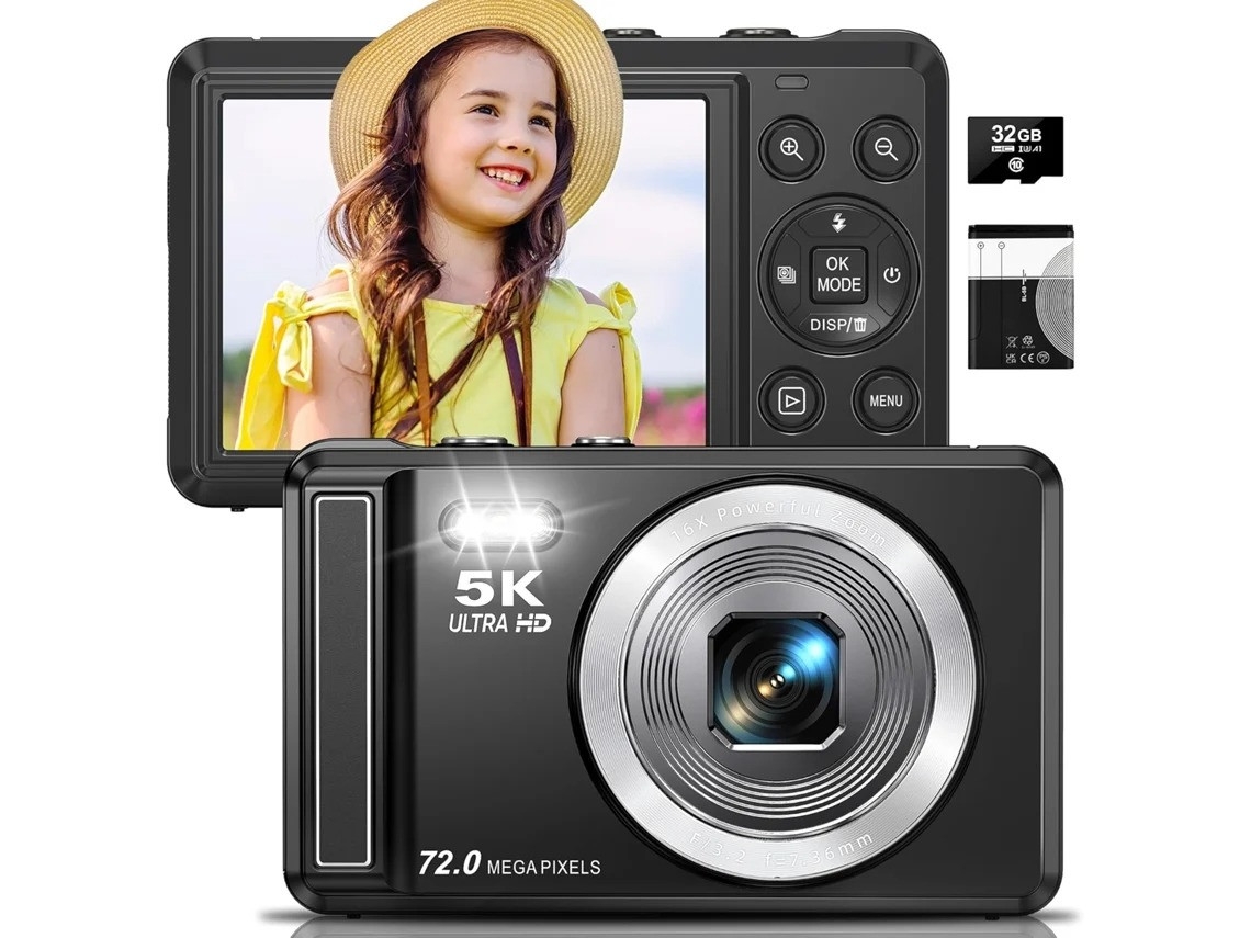 Cámara digital UHD 5K de 72 MP para fotografía, cámara pequeña con enfoque automático y función "Apuntar y disparar" (negra)