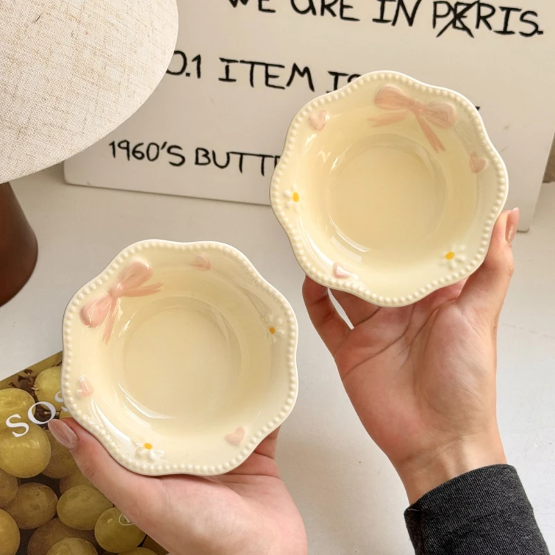 (2 Piezas) Dos Cuencos De Cerámica Color Crema Con Lazo En Relieve, Bonitos Y Resistentes Al Calor, Ideales Para Sopas.