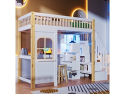 Cama alta 90x200 cm con luces LED, ventana, escalera con almacenaje, escritorio, toma de corriente, mueble blanco natural.