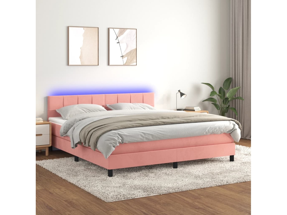 Cama Box Spring Colchón Y Led Terciopelo Rosa 160x200 Cm