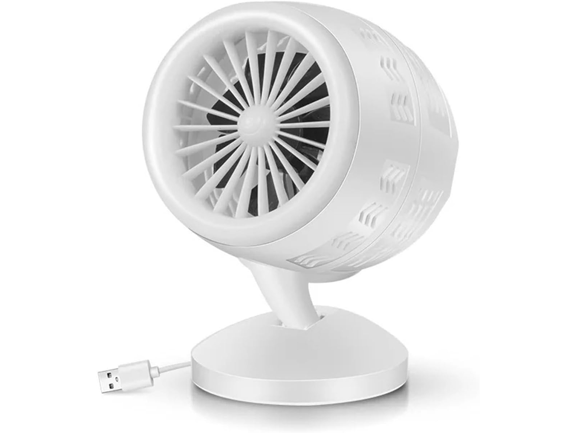 Ventilador de cuello USB recargable (sin marca) para uso manos libres y para refrescarse.