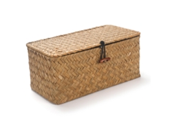 Cesta Pequeña De Junco Trenzado Rectangular Con Tapa, Color Natural. Medidas 28×17,5×9,5 Cm, 1 Unidad, Para Almacenamiento Doméstico.