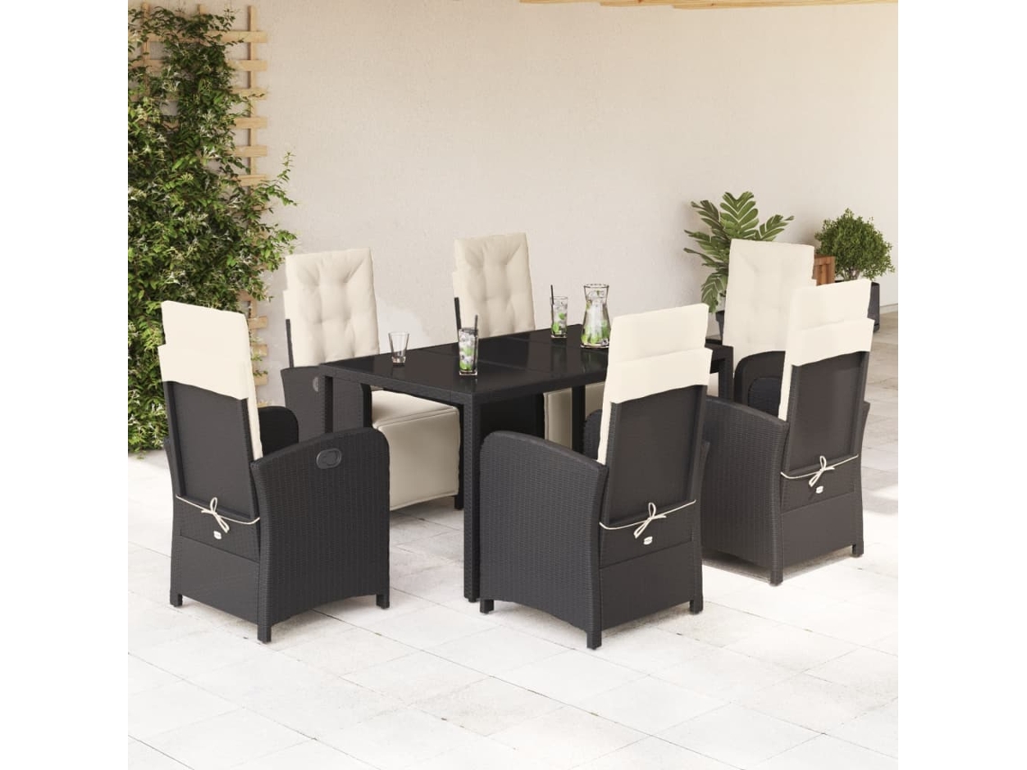 Juego de comedor de jardín de 7 piezas con cojines, mimbre sintético negro, DKD Home Decor