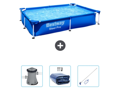 Piscina BESTWAY Rectangular Steel Pro - 221 x 150 x 43 cm - Azul - Incluida Bomba - Vela solar - kit de limpieza