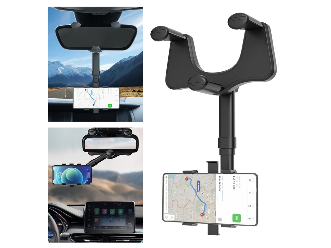 Soporte para teléfono con espejo retrovisor, soporte para teléfono para coche giratorio y retráctil, para teléfonos de 4-7 pulgadas