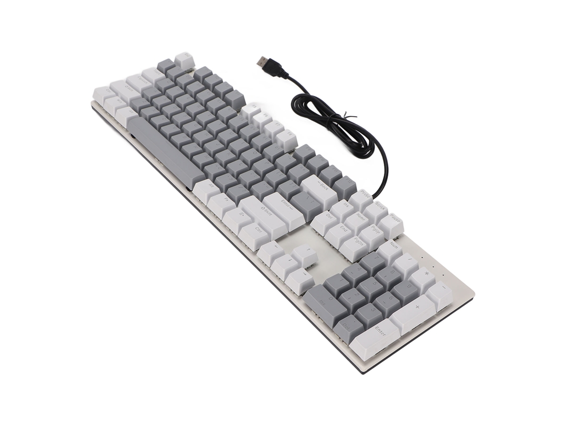Teclado mecánico para juegos Baoj-2026 con 104 teclas, interruptores azules, RGB, USB, resistente a los arañazos, blanco/gris.