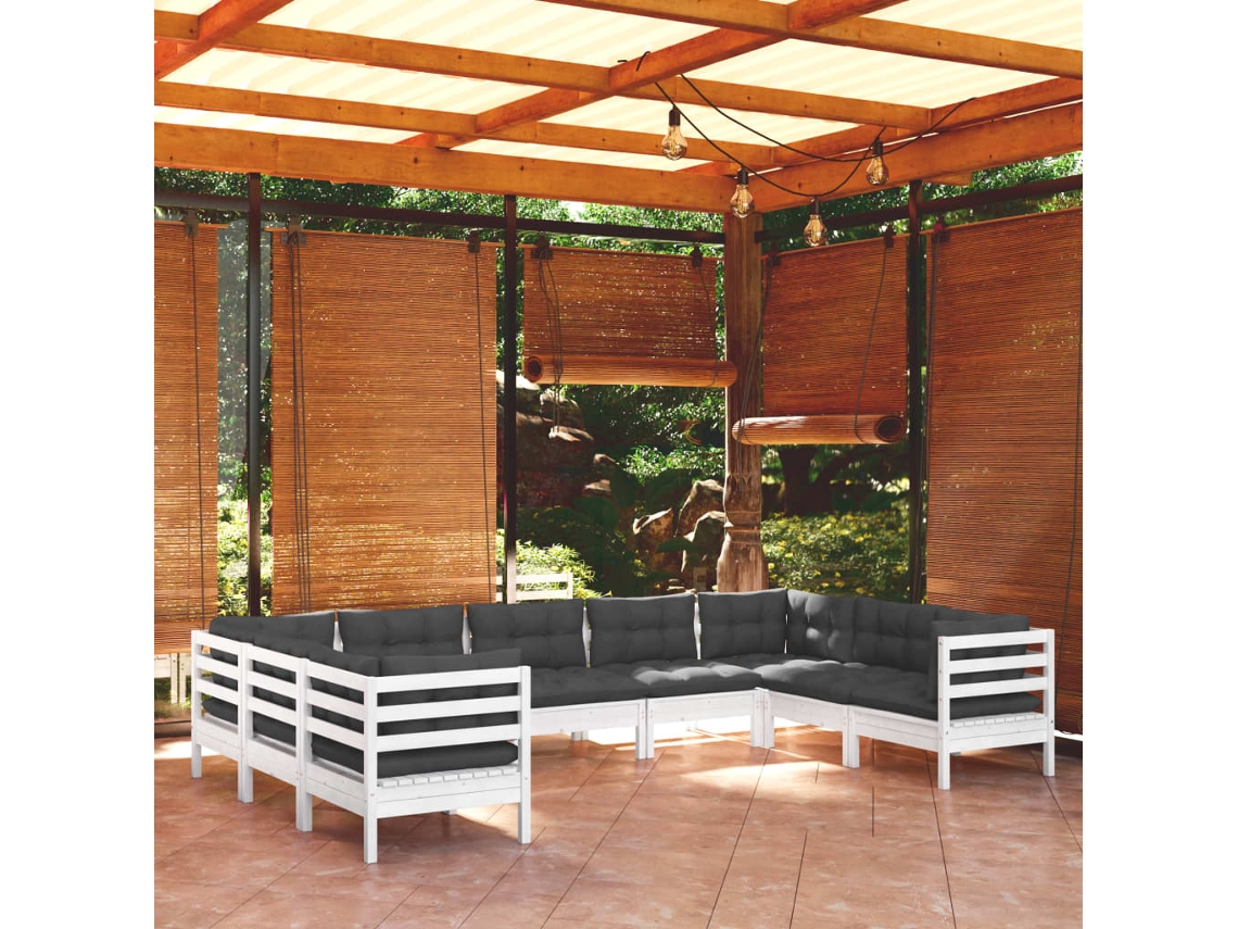 9 Piezas Conjunto Lounge De Jardim C/ Almofadões Pinho Branco Dkd Home Decor