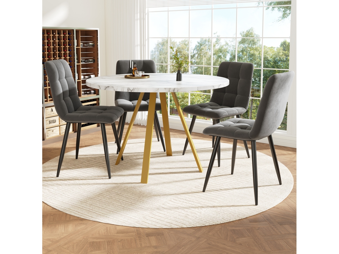 Conjunto Mesa Y Sillas 5 Piezas 80x80x75 Cm - Mesa Redonda Con 4 Sillas De Terciopelo - Blanco Y Dorado
