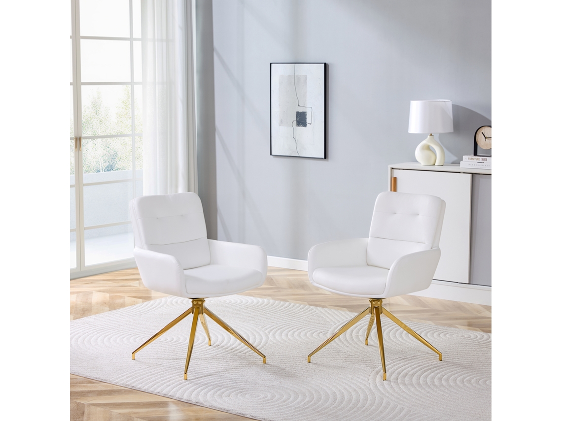 Par De Sillones Giratorios Europeos, De Piel Sintética Blanca Con Patas Doradas.