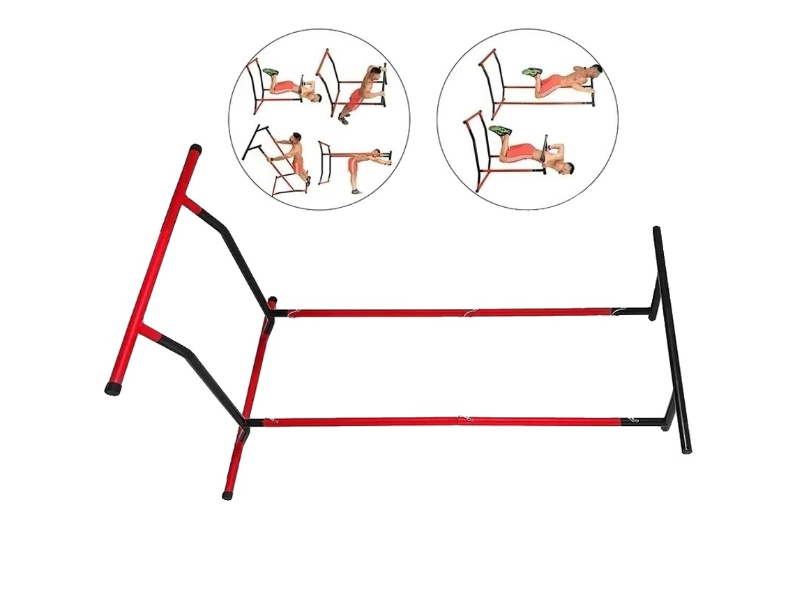 Estación de fitness, altura ajustable de 97 a 200 cm, capacidad máxima de 100 kg, dimensiones de 113 x 117 cm, peso de 19,5 kg, compatible con múltiples ejercicios.