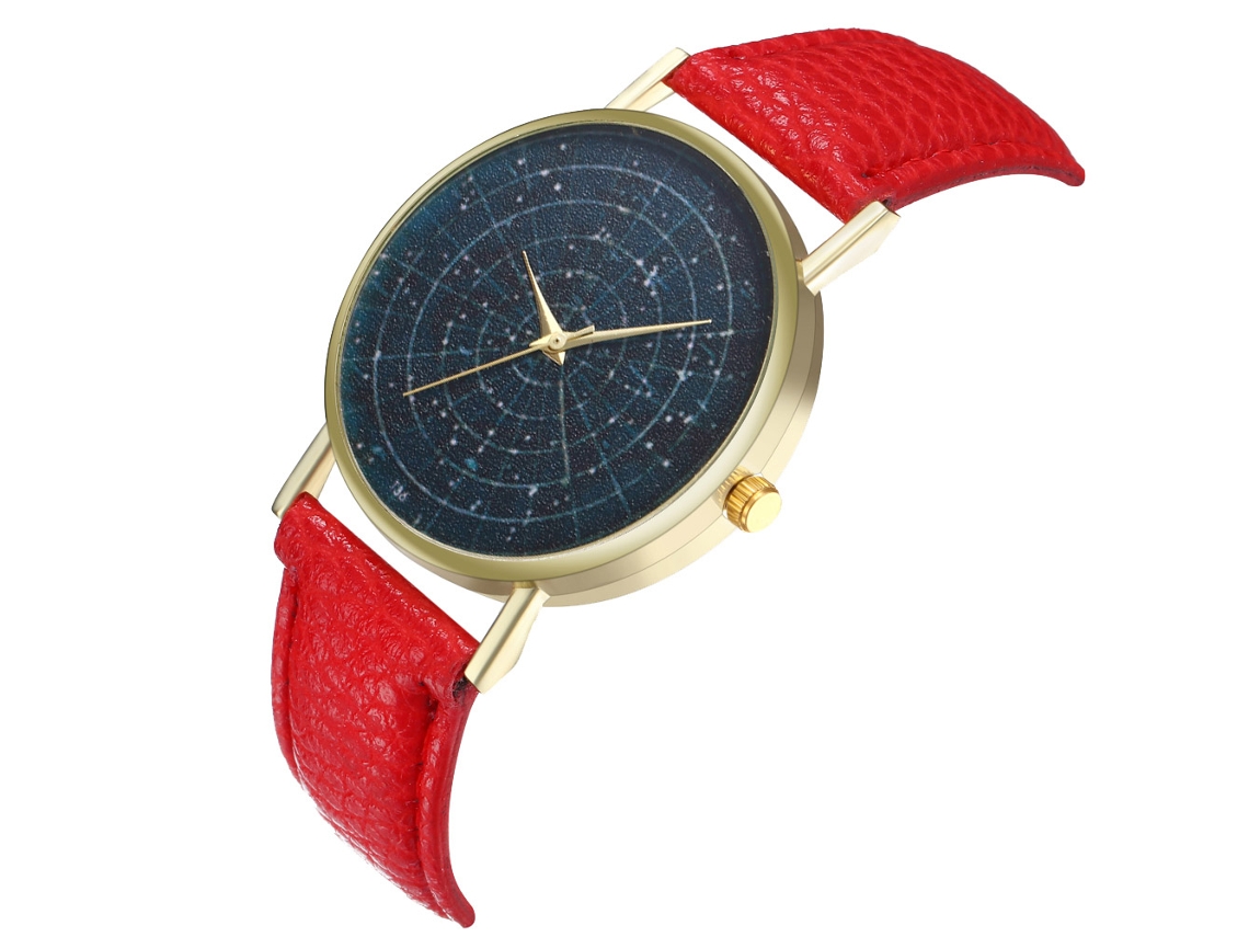 Reloj De Cuarzo Para Hombre Con Esfera De Cielo Estrellado Y Correa De Cuero Rojo.
