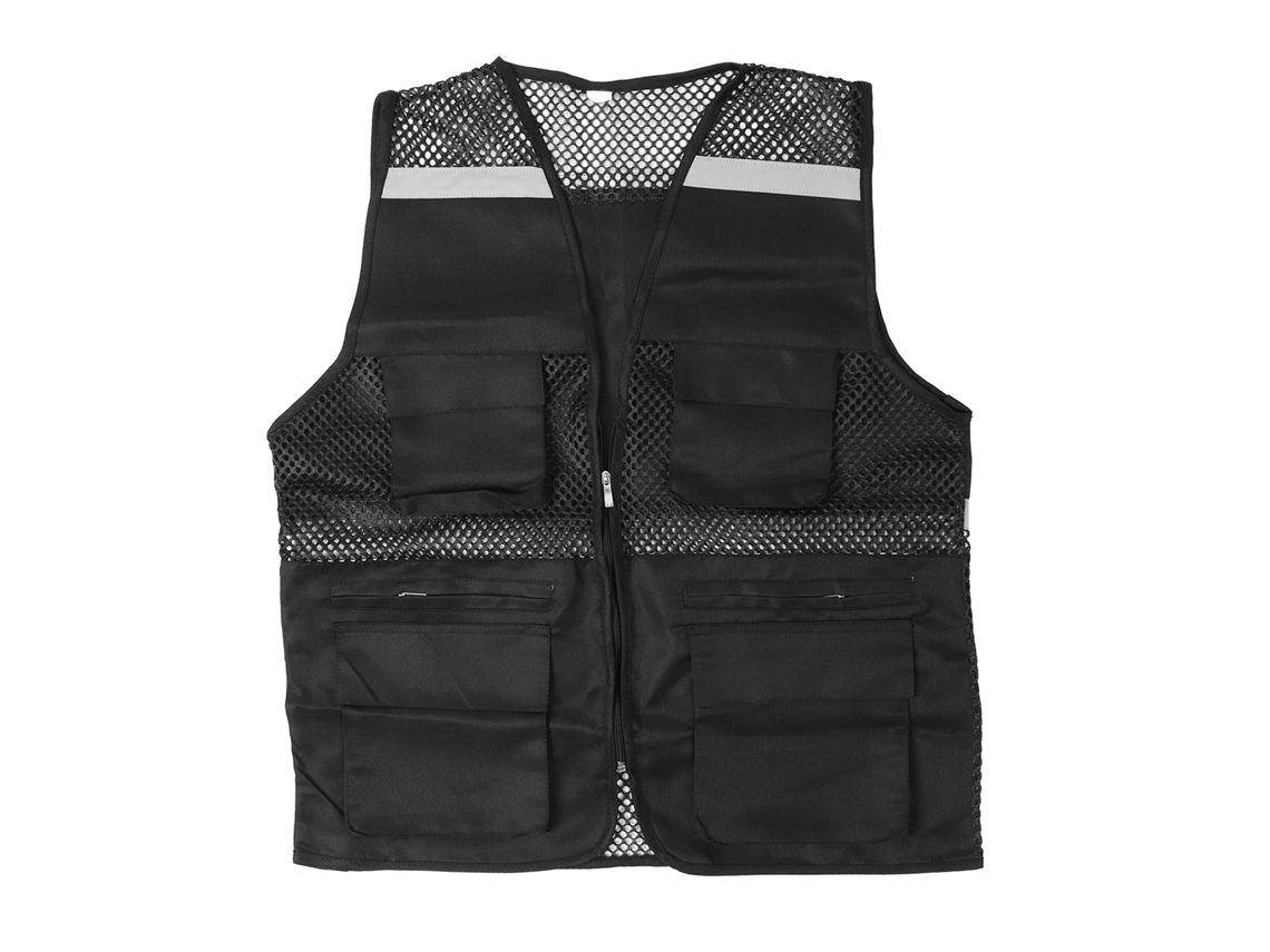Chaleco de trabajo reflectante con múltiples bolsillos, diseño de malla, alta visibilidad, transpirable, con cremallera frontal y bandas reflectantes.