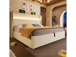 Cama Hidráulica 160x200 Cm - Con Cabezal Ajustable, Iluminación Led, Almacenamiento Y Puertos Usb/type-c - Beige