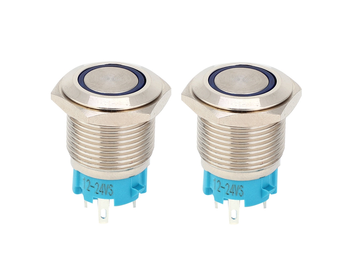2 Interruptores Pulsadores Metálicos Autoblocantes De 16 Mm, 12~24 V Cc, Con Luz Azul, Ip65, 4 Pines, 1 Contacto Normalmente Abierto (no), 1 Unidad.