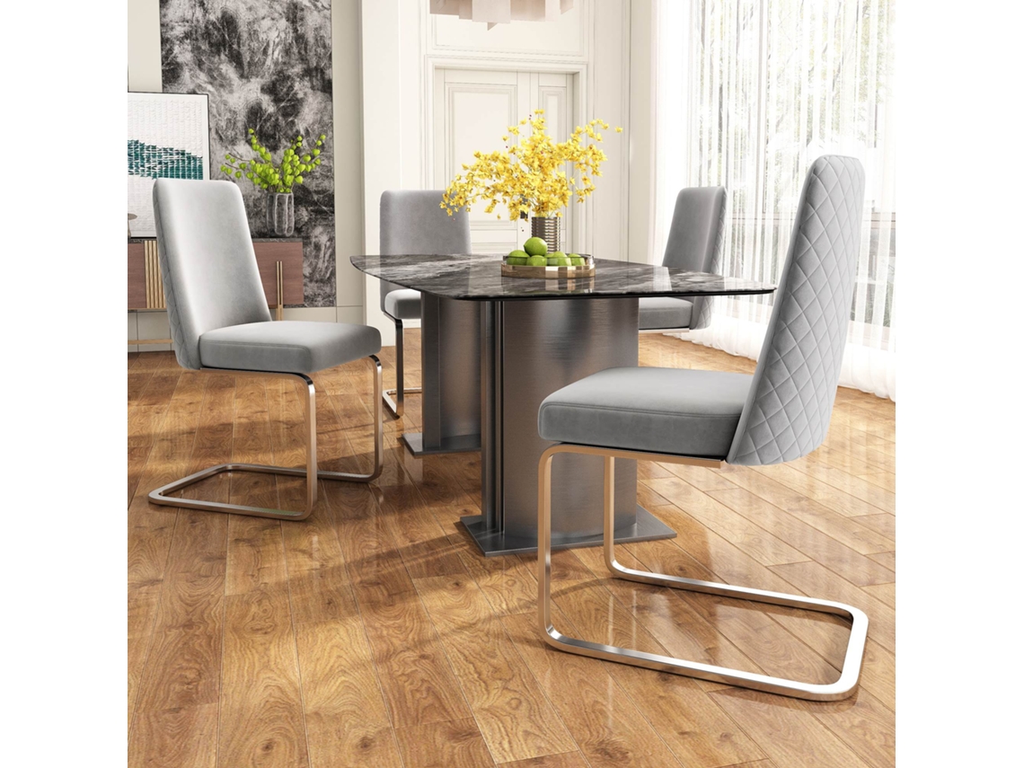 Juego de 4 sillas Cantilever en terciopelo, respaldo con diseño de rombos, base de metal gris plateado, estilo