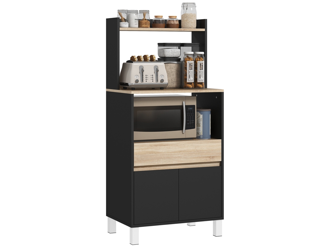 Mueble Para Microondas, Aparador De Cocina Con Armario, Cajón Y Estante Superior, 60 X 40 X 131 Cm, Roble Y Negro.