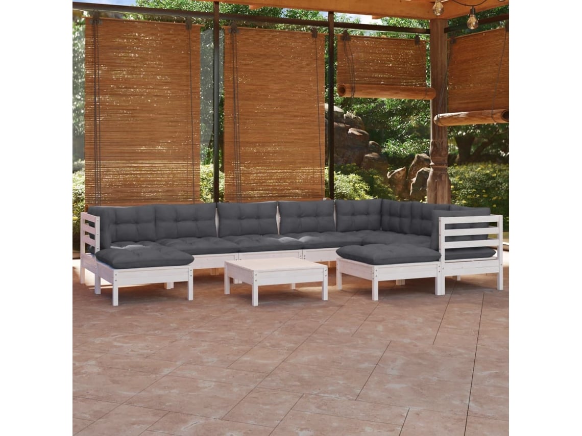 Conjunto de jardín de 10 piezas con cojines, pino macizo blanco, DKD Home Decor
