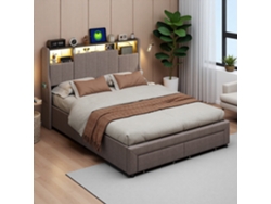 Cama De Matrimonio Moderna 140x200cm, Cama Con Almacenamiento Y Cajones, Cabecero Con Led Rgb Y Bolsillos, Tela De Lino Gris, Diseño Minimalista