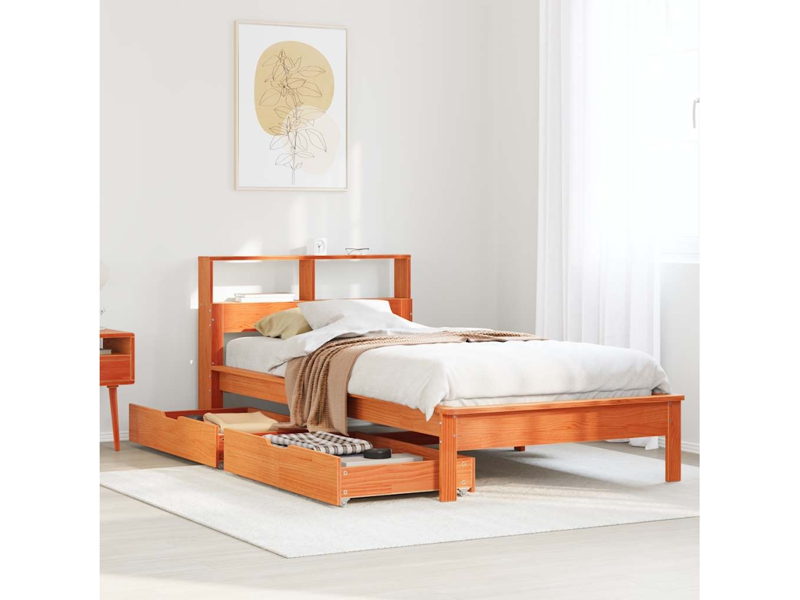 Cama Con Estantería Sin Colchón Madera Maciza Marrón 100x200 Cm