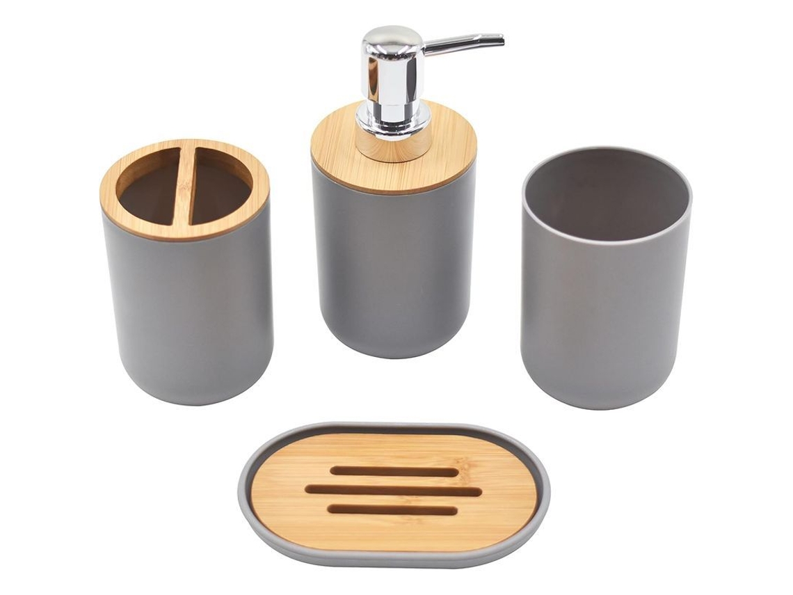 Juego De Baño De 4 Piezas Estilo Nórdico En Bambú Y Plástico Gris Con Dispensador De Jabón Y Accesorios.
