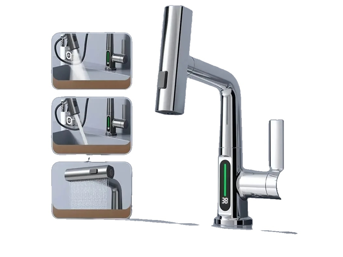 Grifo digital inteligente para fregadero de cocina, sensible a la temperatura, extraíble, cromado OEM