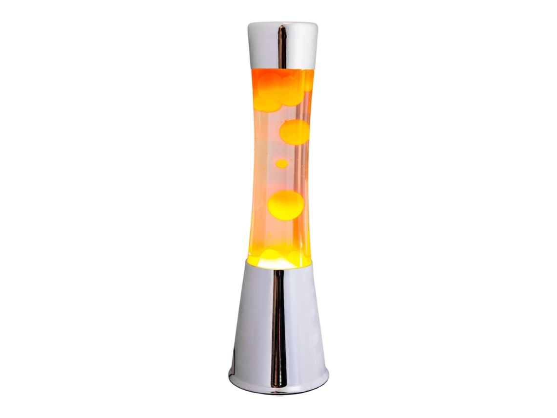 FISURA - Lámpara de lava naranja. Base plateada cromada, líquido transparente y lava naranja. Lámpara efecto relajante. 11 cm x 11cm x 39,5 cm.
