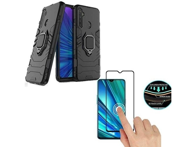 Kit Carcasa y Protector de Cristal Templado 5D Realme 5 Pro PHONOCARE Militar Negro