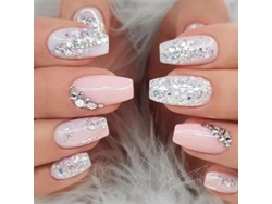 Uñas Postizas Plateadas Con Purpurina Y Diamantes De Imitación, Forma Cuadrada Mediana, Rosa, Blanco, Brillante.