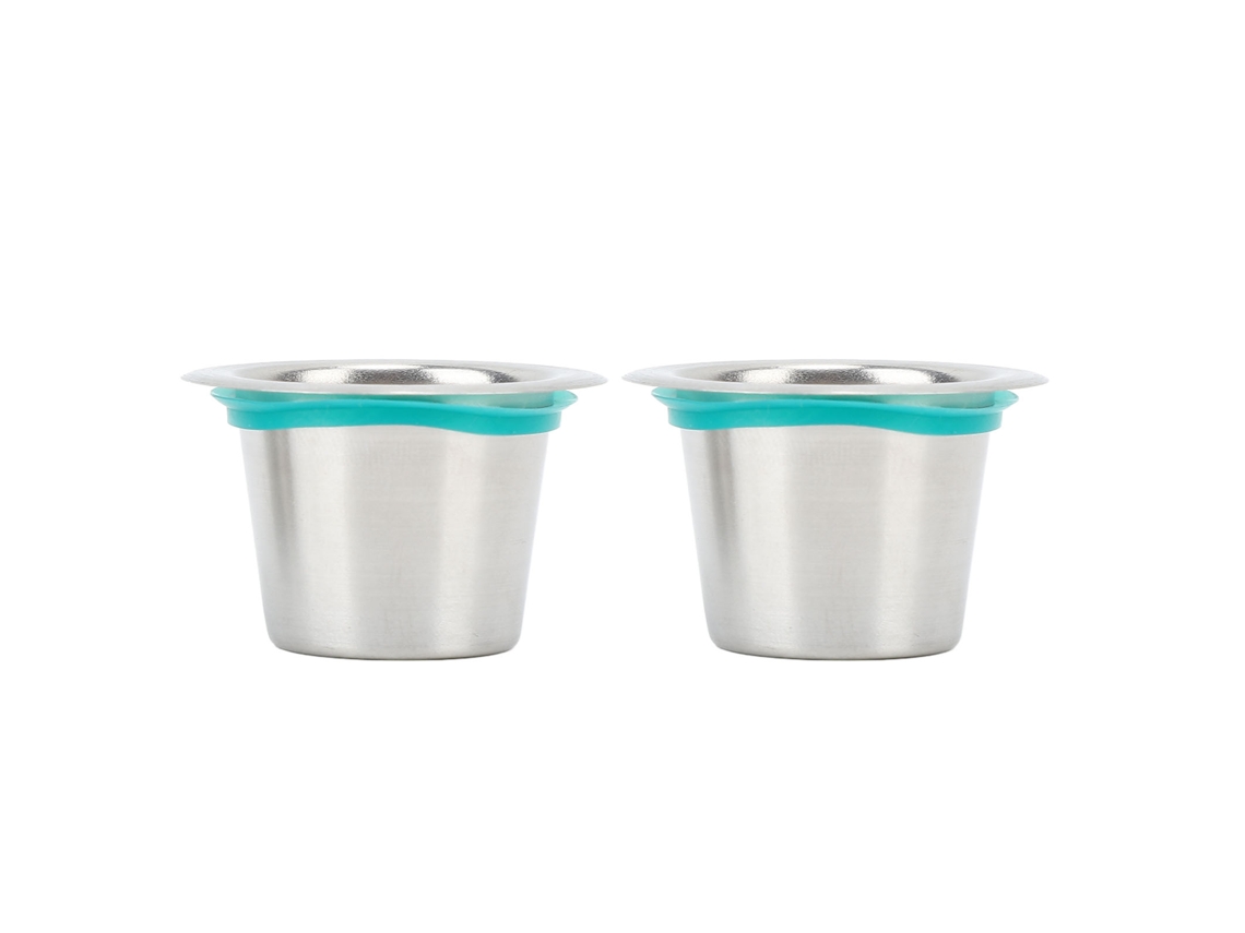2 filtros de café de silicona y acero inoxidable, cápsulas reutilizables y rellenables.