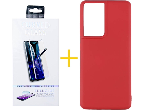 Carcasa y Protector de Pantalla de Vidrio Samsung S21 Ultra ACCETEL Silicona Líquida Rojo