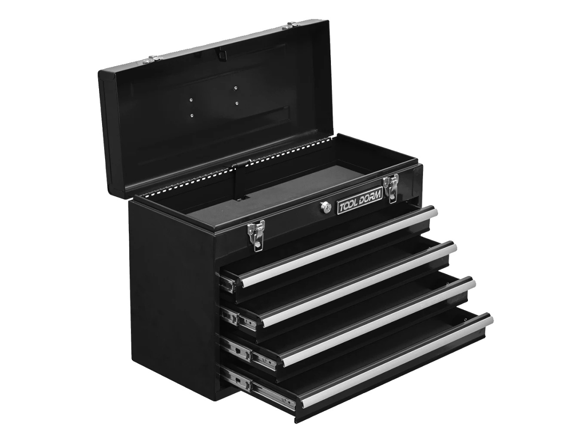 Caja de herramientas, 4 cajones, seguridad con cerradura, negra