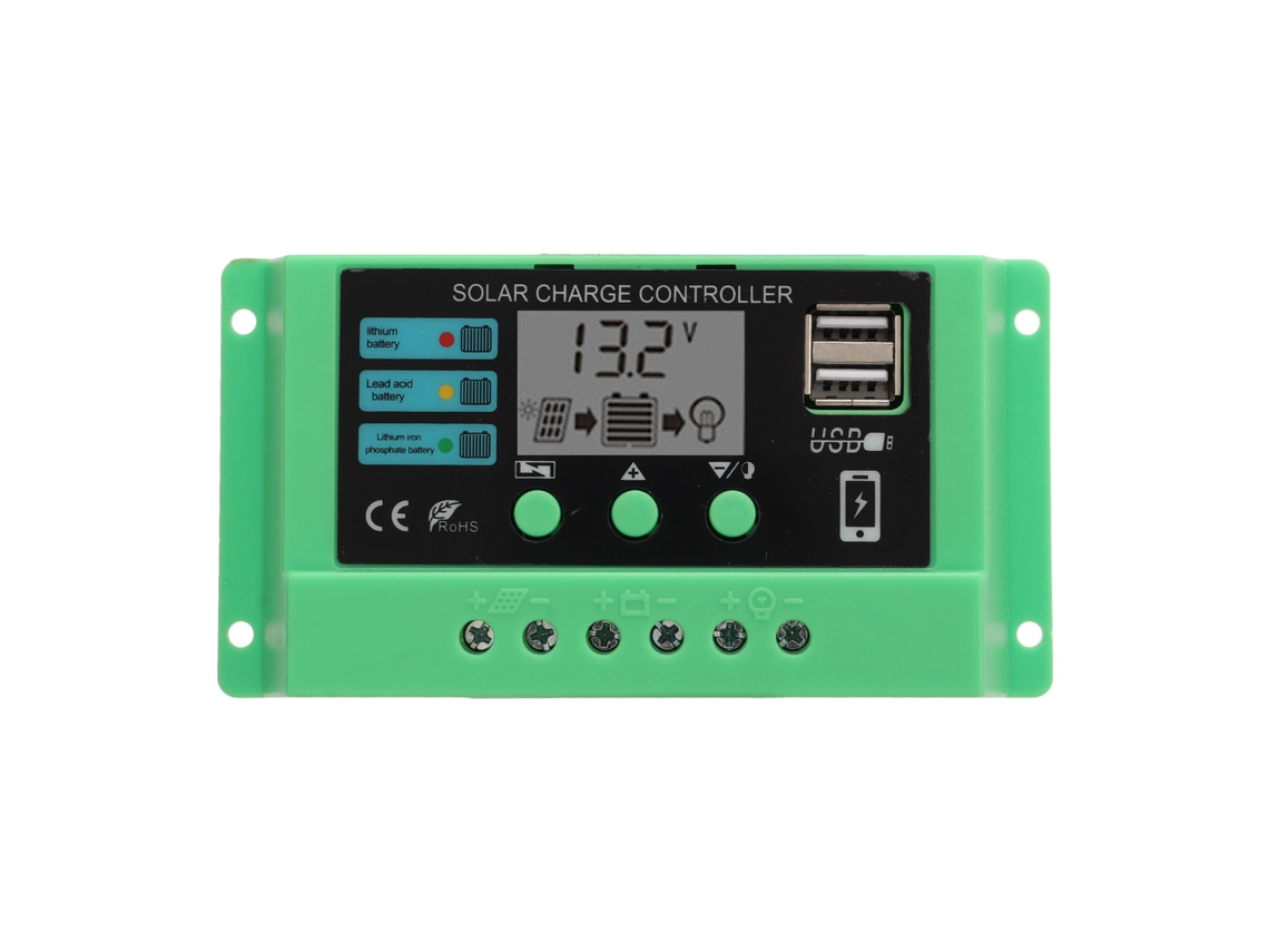 Controlador de carga solar PWM de 12 V y 24 V con pantalla LCD, 10 A, cubierta verde