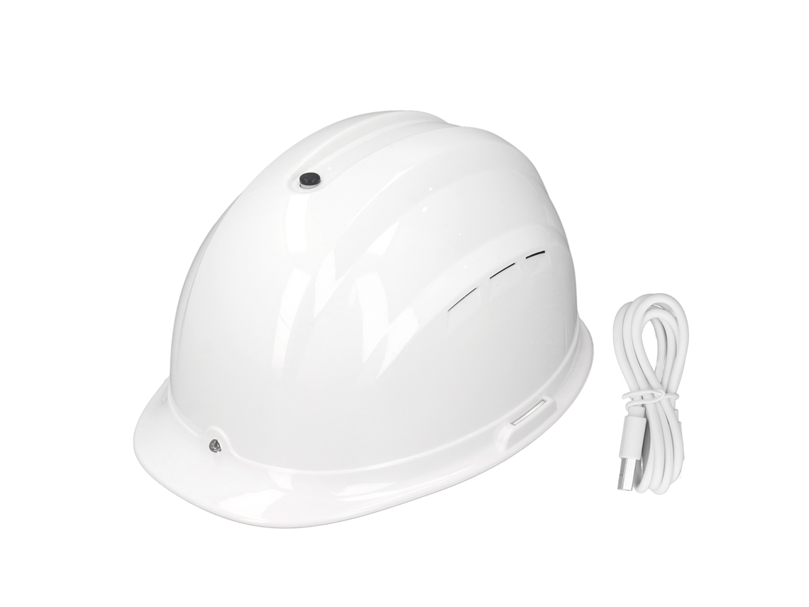 Casco de seguridad con ventilación y luz para obras de construcción.